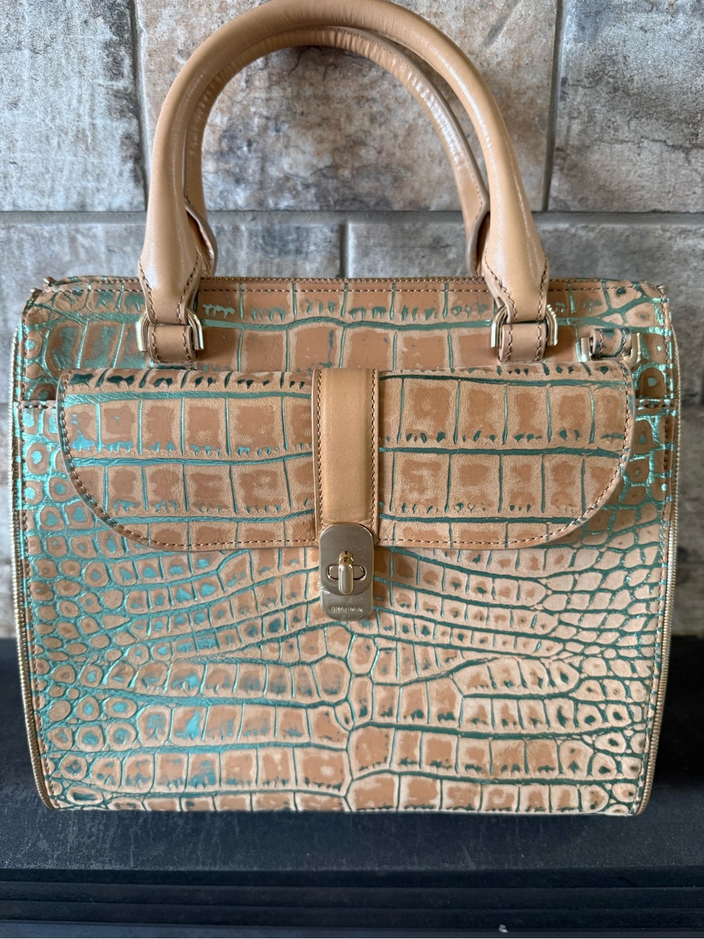 Brahmin Taupe Croc-Embossed Small Caroline Leather Satchel